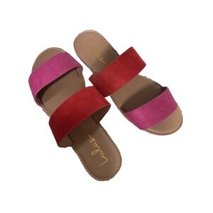 Lulus Women's Double Strap Slides Size 8 M Slip On Pink Red Faux Suede Sandals